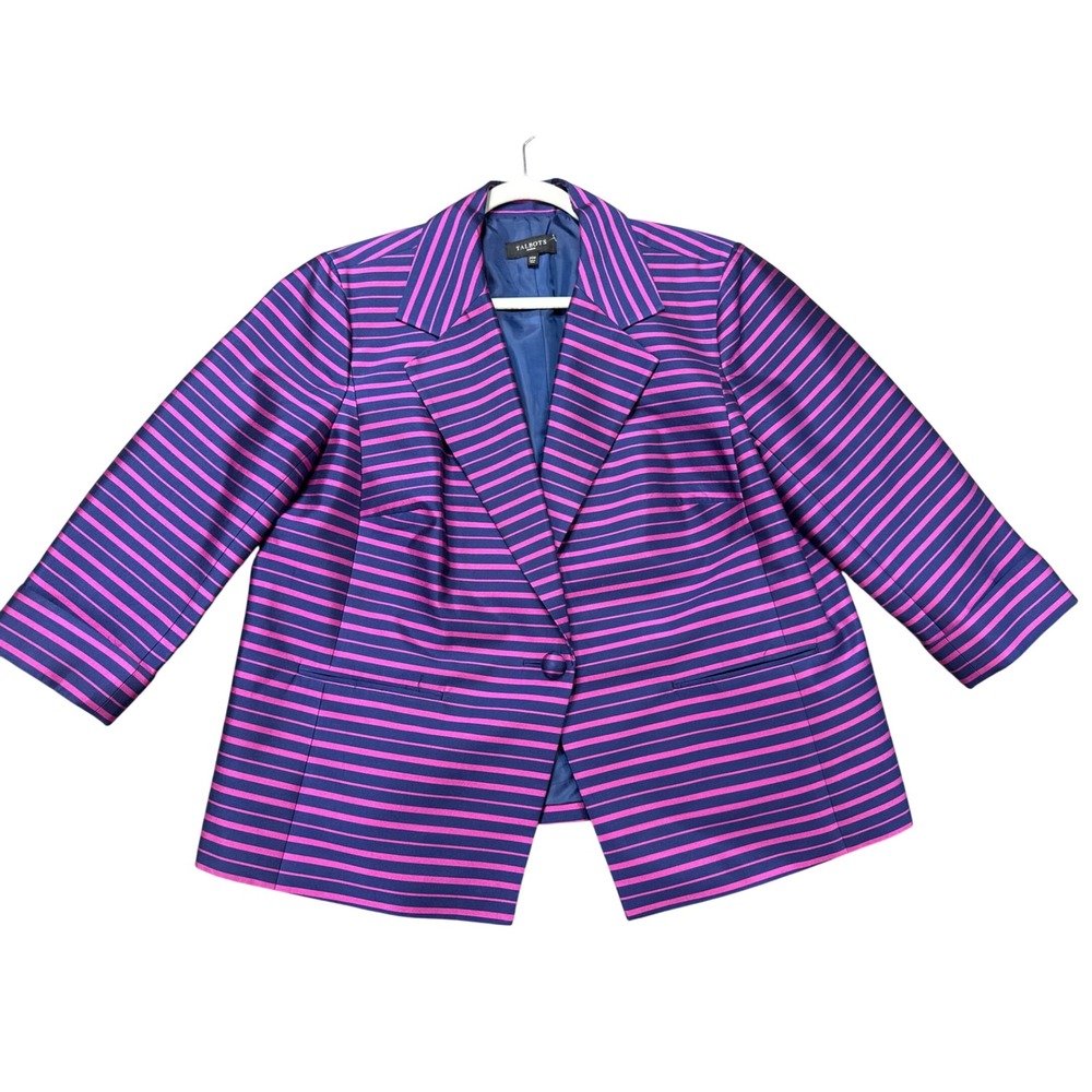 Talbots Blazer Womens 22W Pink Navy Blue Excellent Striped 3/4 Sleeve Jacket